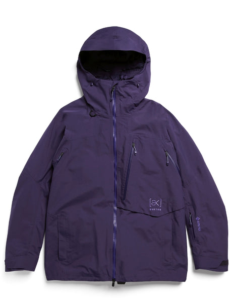 A dark purple hooded technical jacket with a front zipper, zippered chest pockets, and a small white logo on the lower left chest, displayed against a plain white background.