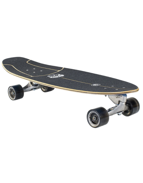 Black skateboard with white logo on a white background