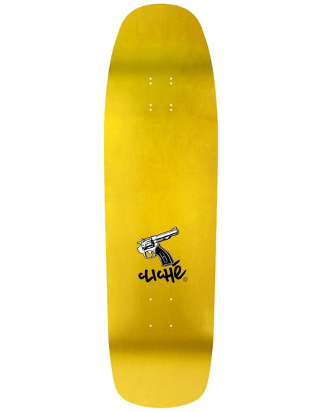 Yellow skateboard deck with a black logo on a white background