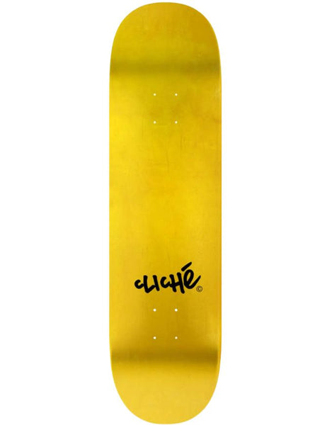 Yellow skateboard deck with a black logo on a white background