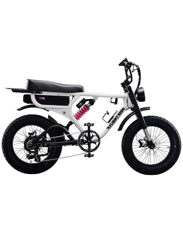 White electric bike with black seat and tires on a white background