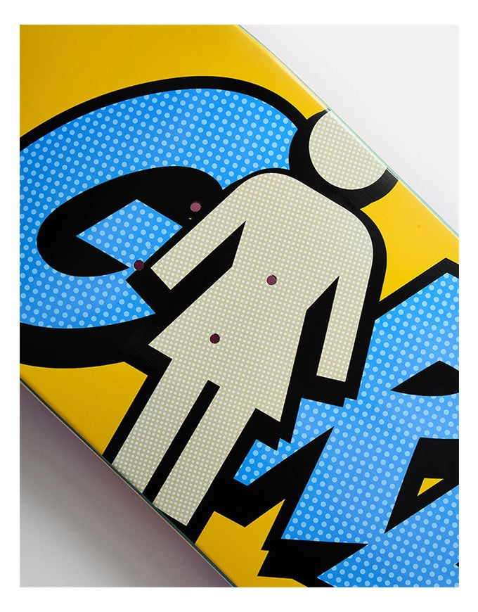 A close-up of a graphic art print featuring a pop-art style illustration of a figure in a beige halftone dress over a bright blue polka-dot background, with bold black outlines and a yellow border.