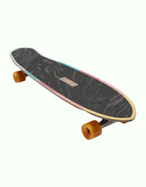 A longboard skateboard with a black and gray marble-patterned deck, accented with pink, teal, and gold outlines, featuring orange wheels.