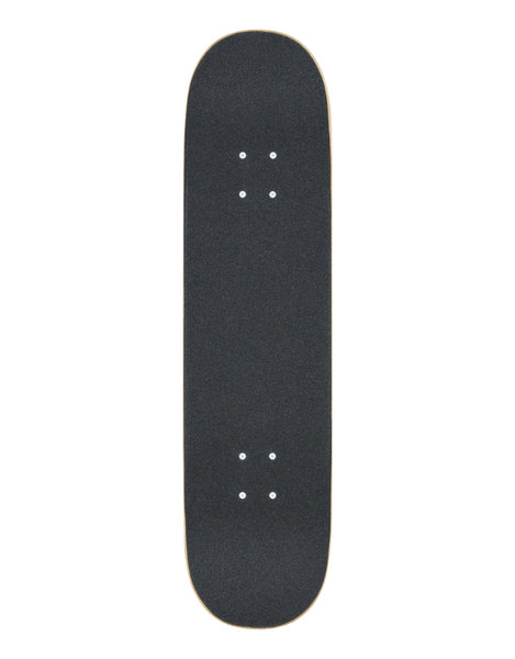A skateboard deck with a black grip tape surface, shown vertically against a plain white background.