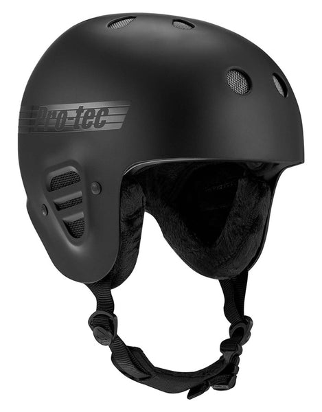 A matte black Pro-tec ski helmet with a chin strap, shown from a three-quarters angle against a plain white background.