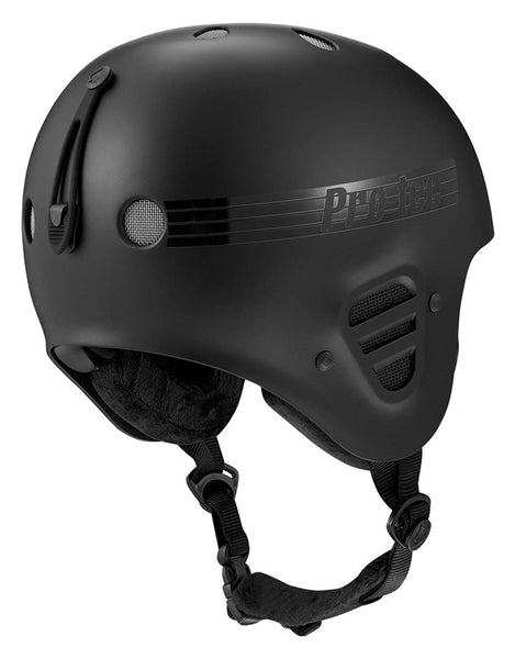 A matte black Pro-tec ski helmet with a chin strap, shown from a three-quarters angle against a plain white background.