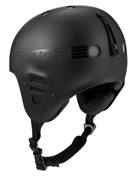 A matte black Pro-tec ski helmet with a chin strap, shown from a three-quarters angle against a plain white background.