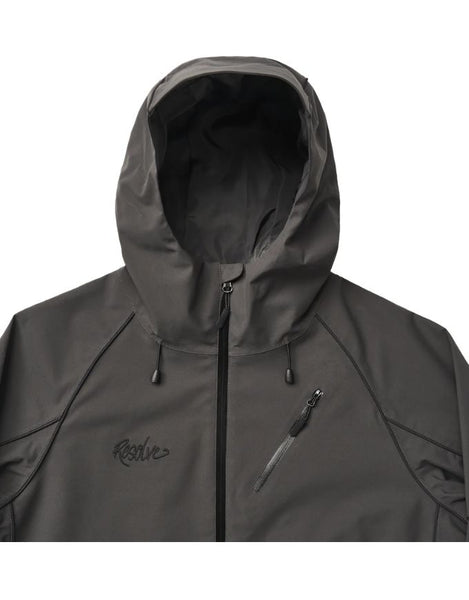 Dark gray hooded jacket with a brand logo on a white background