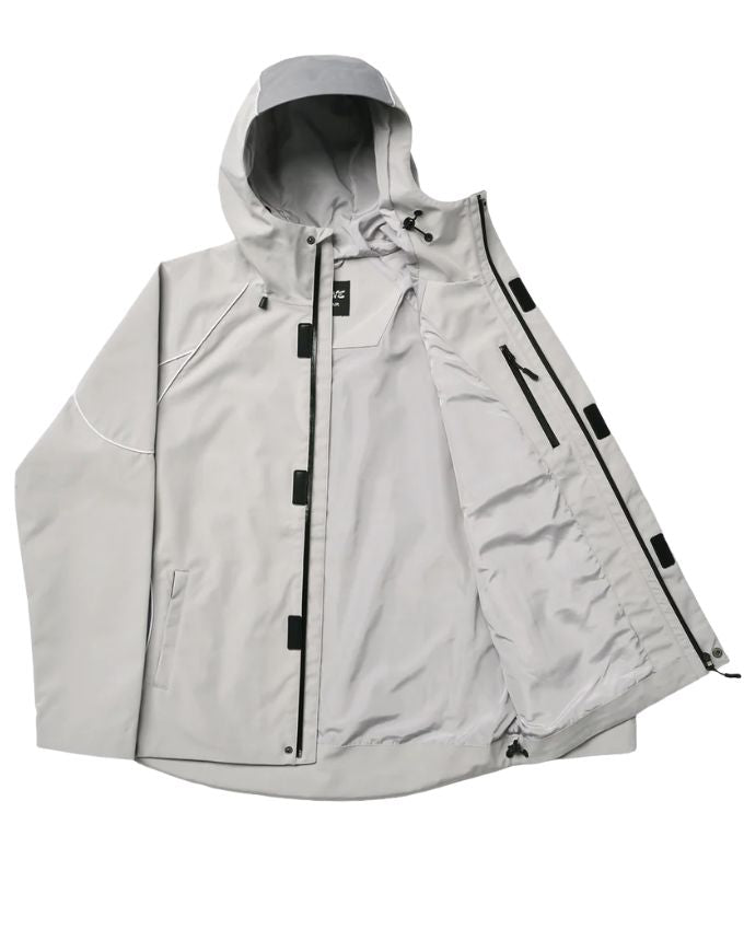 Light gray jacket with black accents on a white background