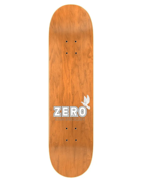 A wooden skateboard deck with a warm orange-brown wood grain finish, featuring a white 'ZERO' logo and a white dove graphic in the center, shown against a plain white background.
