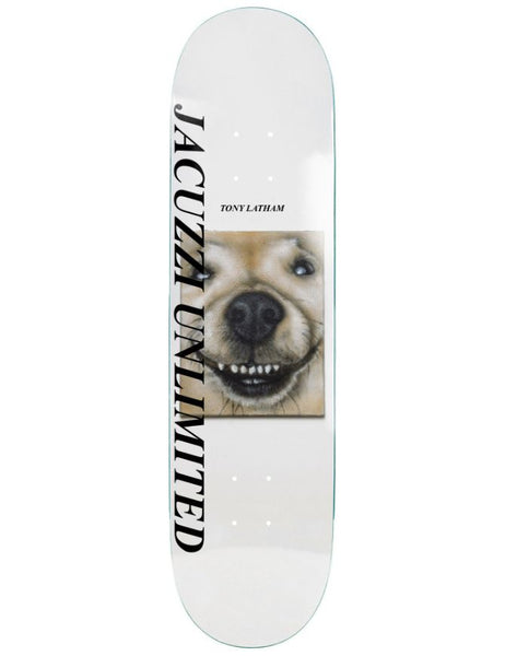 Skateboard deck with a dog's face and 'Jacuzzi Unlimited' branding on a white background