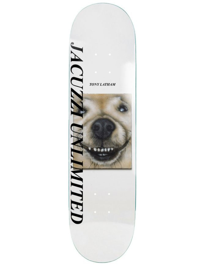 Skateboard deck with a dog's face and 'Jacuzzi Unlimited' branding on a white background