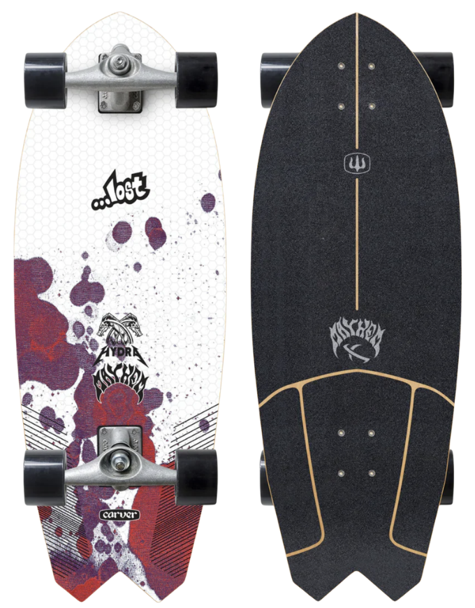 Two views of a skateboard with a colorful design on one side and a black design on the other, featuring the brand 'Lost'.