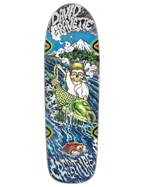 Skateboard deck with a colorful design featuring a fisherman and mountain, branded 'Death Before Skate'.