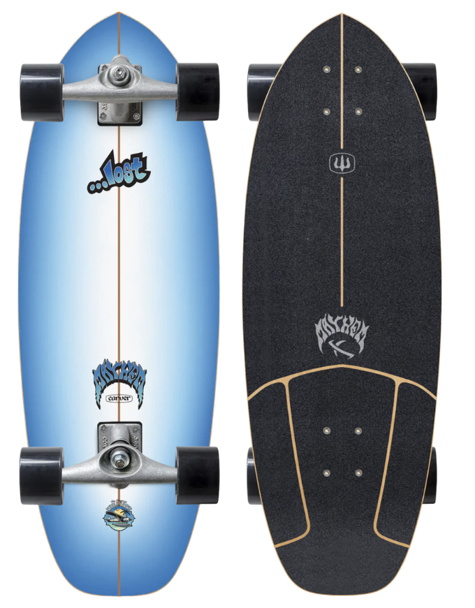 Two views of a skateboard with visible branding on a white background