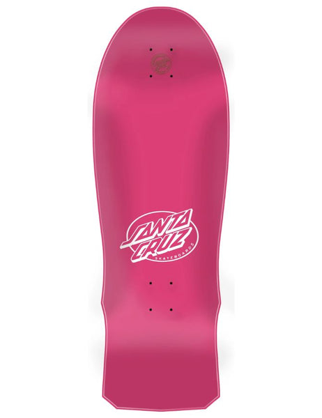 A pink Santa Cruz skateboard deck shown from the underside against a plain white background, featuring the white Santa Cruz logo in the center.