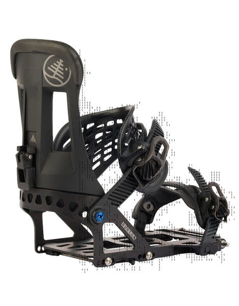 Black snowboard binding on a white background