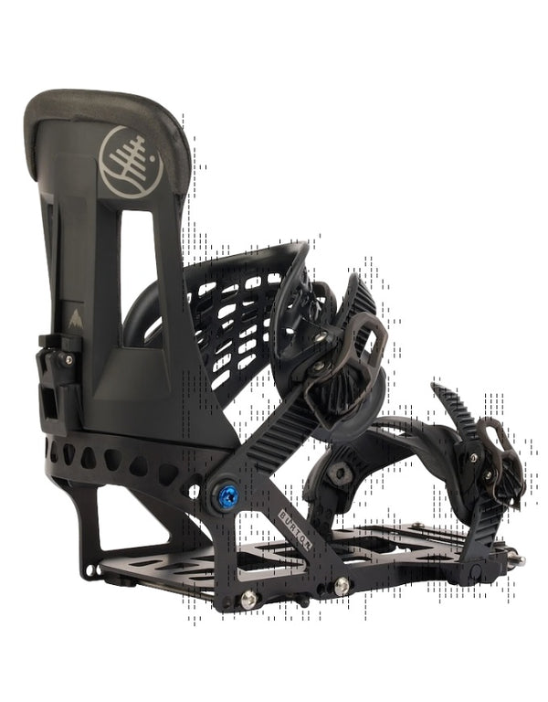 Black snowboard binding on a white background