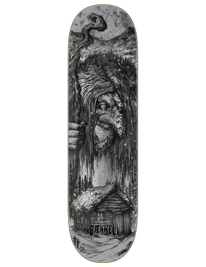 Skateboard deck with black and white artwork of a person holding a bird, with 'Bekkel' branding.