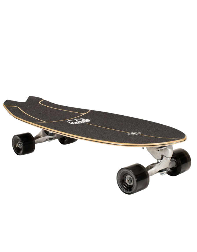 Black skateboard with a white logo on a white background