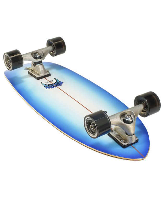 Skateboard with a blue gradient deck on a white background