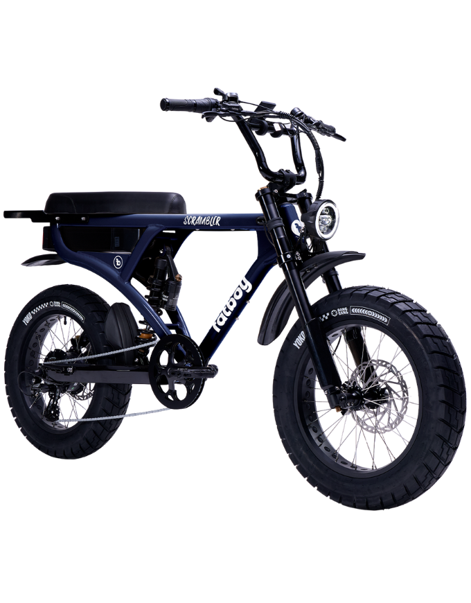 A dark navy blue electric fat-tire bicycle with black components, featuring a round headlight, front suspension fork, rear suspension, and a black saddle, shown against a plain white background.