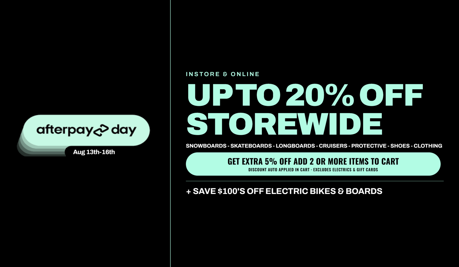Promotional graphic on a black background with the Afterpay Day logo on the left and large text offering up to 20% off storewide, plus additional discount text and product categories.