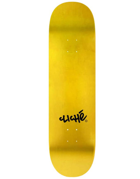 Yellow skateboard deck with black logo on a white background