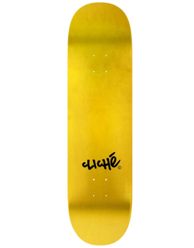 Yellow skateboard deck with black logo on a white background