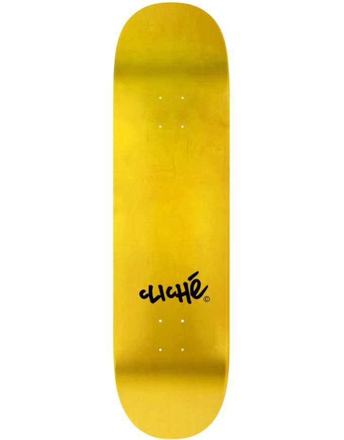 Yellow skateboard deck with a black logo on a white background