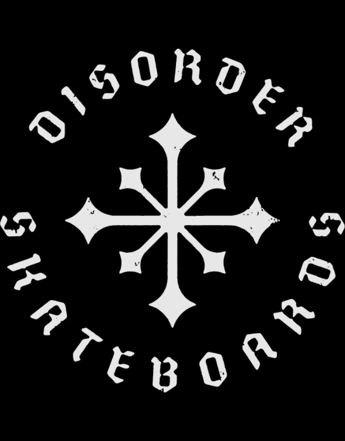 White distressed text reading 'DISORDER SKATEBOARDS' arranged in a circle around a central white cross-like symbol on a black background.