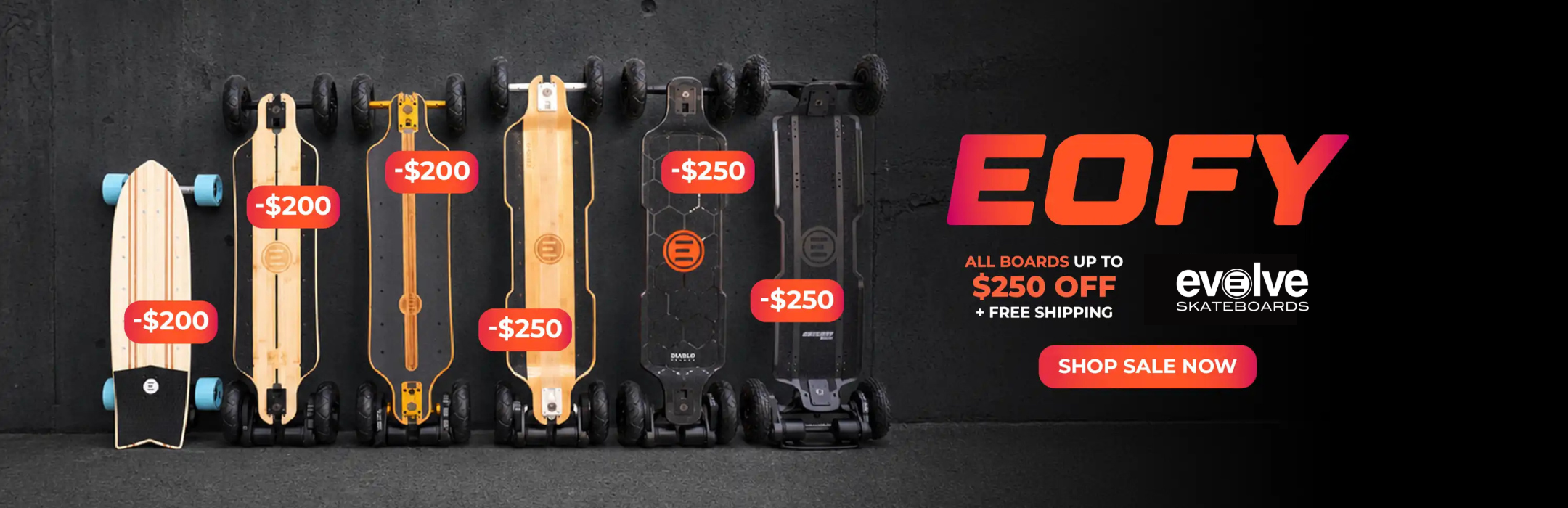 Collection of skateboards with price tags on a black background, featuring Evolve Skateboards branding.