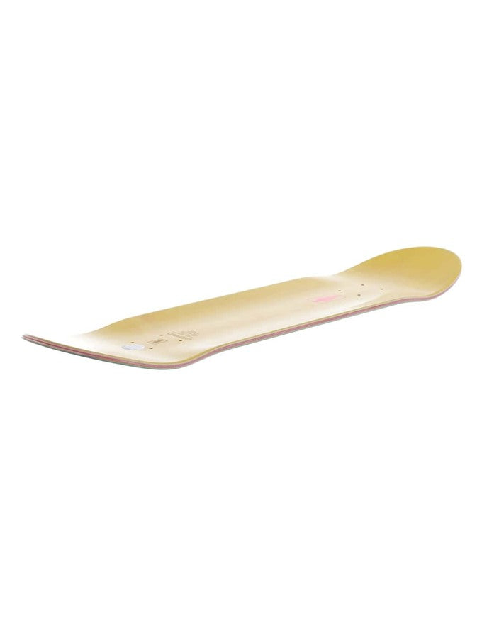 A light natural wood skateboard deck shown from a side profile view against a solid white background.
