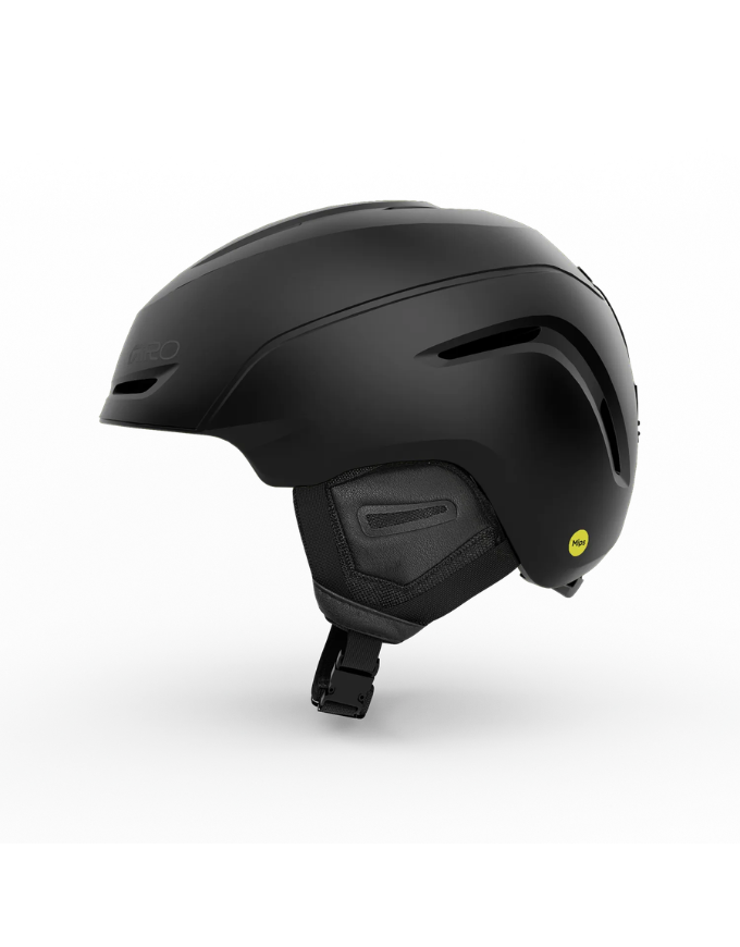 A matte black ski helmet with a small yellow sticker on the side, shown from a three-quarters rear view against a clean white background.