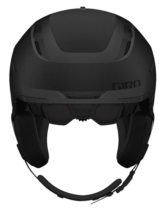 A matte black Giro ski helmet with integrated ear pads and a chin strap, shown from the front on a solid white background.