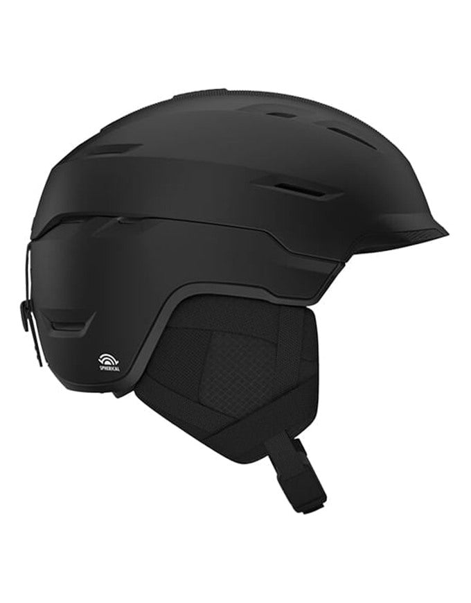 A matte black ski helmet with integrated visor and black interior padding, shown from a side profile on a plain white background.