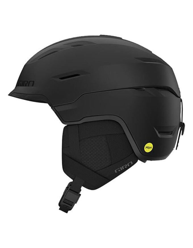 A matte black Giro ski helmet with a small yellow MPI valve on the side, shown from a three-quarters angle against a plain white background.