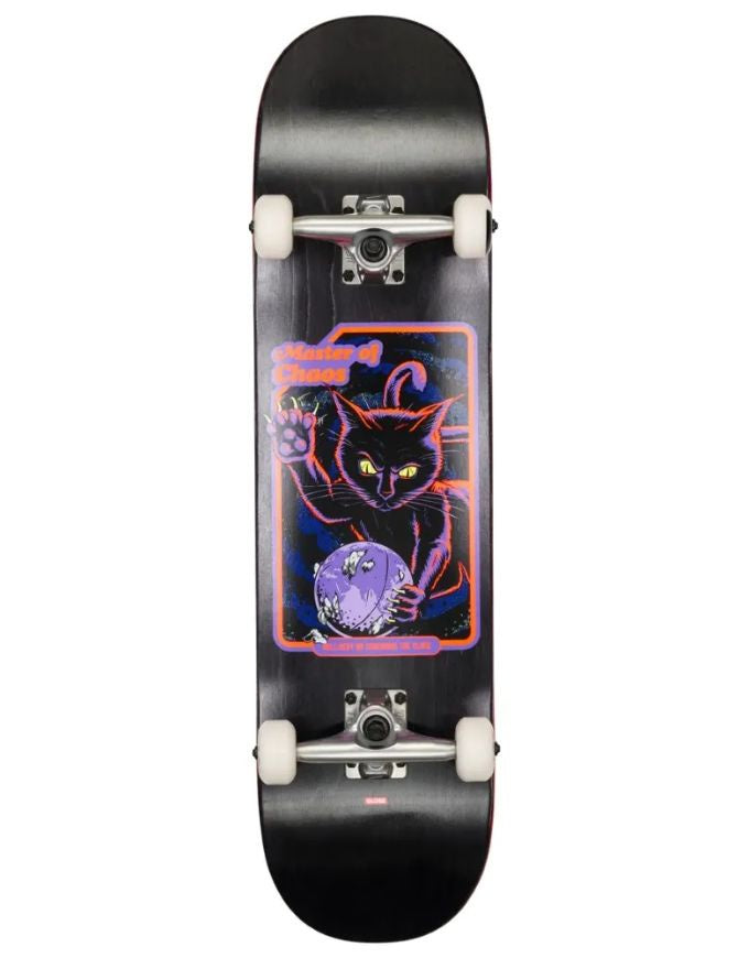 A skateboard shown from the underside, featuring a black deck with a colorful graphic of a black cat holding a purple globe, mounted with white wheels and silver trucks against a white background.