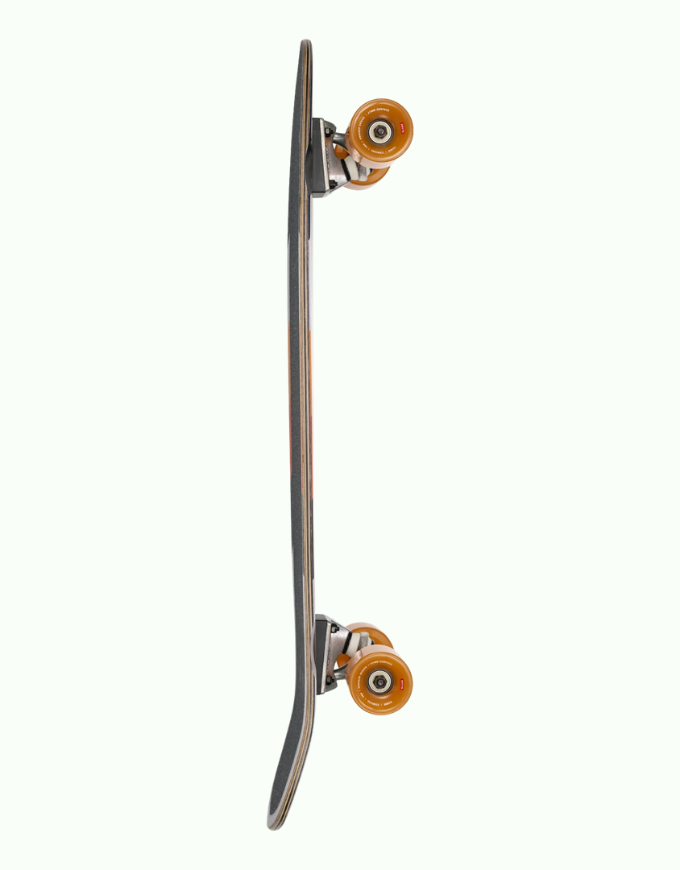 A skateboard shown vertically from the underside, featuring a dark gray deck with orange wheels and silver trucks, set against a solid off-white background.