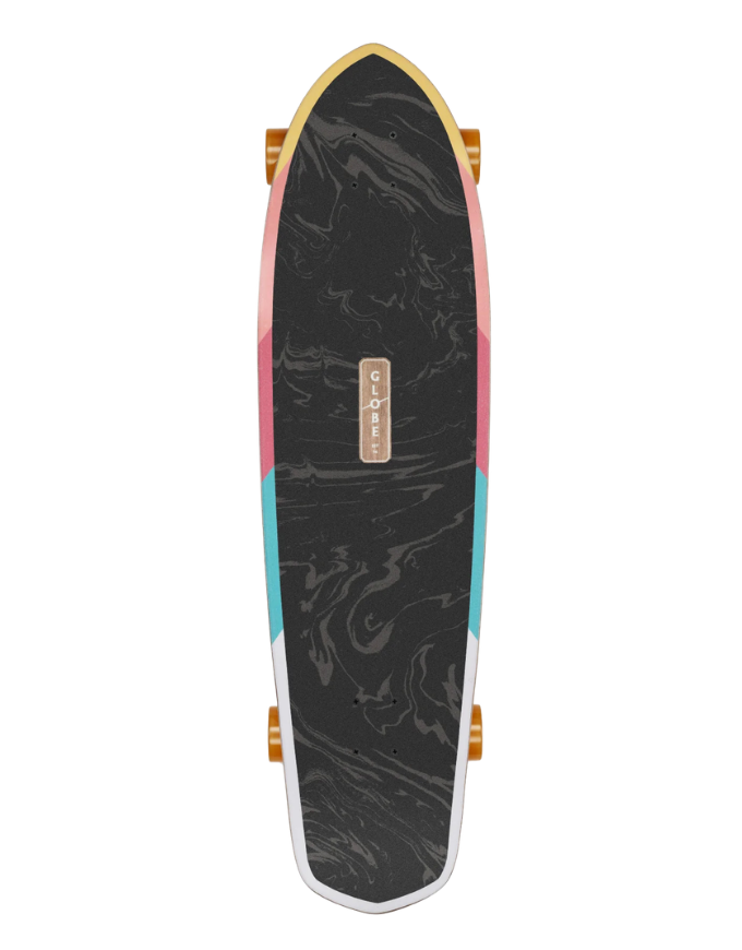 A longboard skateboard shown from a top-down view on a white background. The deck features a black and gray marble pattern, bordered by pink, teal, and white stripes, with gold-colored wheels and a small central brand plaque.