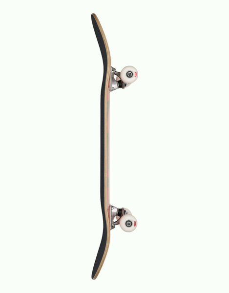 A skateboard shown vertically from the underside, featuring a black grip tape deck, natural wood edge, silver trucks, and white wheels with red and black logos, set against a solid off-white background.