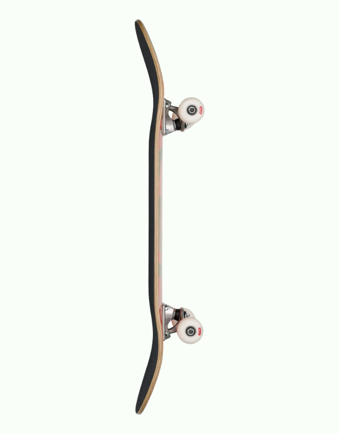 A skateboard shown vertically from the underside, featuring a black grip tape deck, natural wood edge, silver trucks, and white wheels with red and black logos, set against a solid off-white background.
