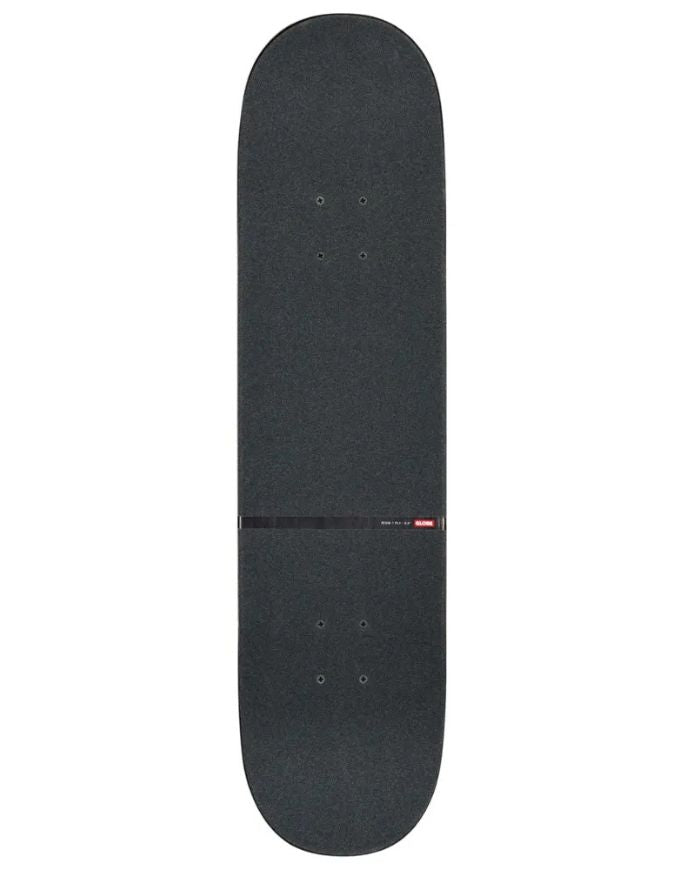 A skateboard deck with a dark gray grip tape surface, shown vertically against a plain white background.