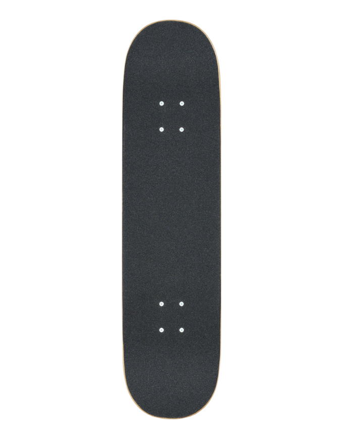A skateboard deck with a black grip tape surface, shown vertically against a plain white background.