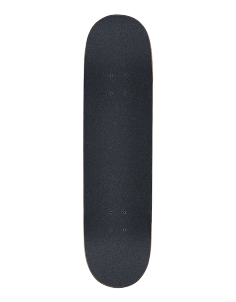 A skateboard deck viewed from directly above, featuring a dark gray grip tape surface with visible screw holes, isolated on a solid white background.