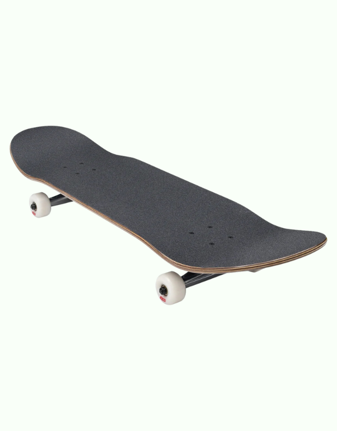 A skateboard with a dark gray grip tape deck, black trucks, and white wheels, shown from a high-angle perspective against a solid off-white background.