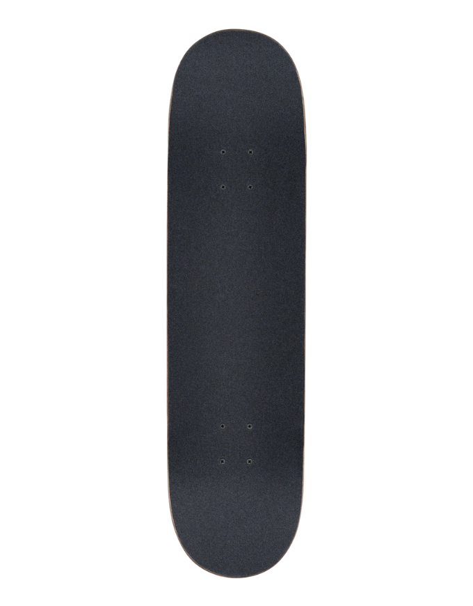 A skateboard deck viewed from directly above, featuring a dark gray grip tape surface with visible screw holes, isolated on a solid white background.