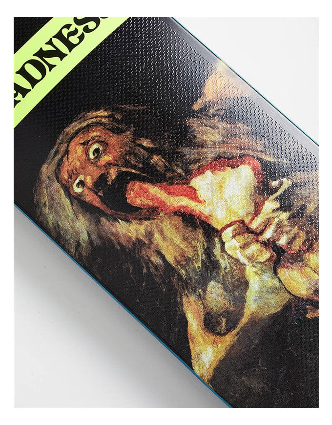 A close-up of a rectangular product, likely a book, box, or package, featuring a dark textured background with a classical painting of a screaming woman and a bright yellow-green banner at the top left with partial black text.