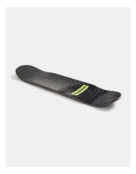 A black skateboard deck with a subtle circular graphic pattern and a lime green 'YANKEES' brand sticker, shown on a light gray background.