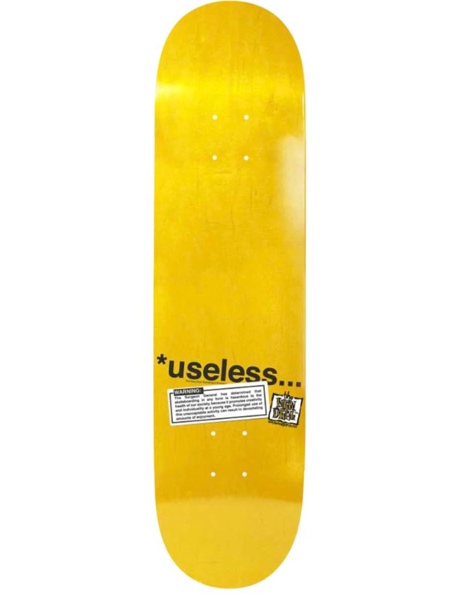 Yellow skateboard deck with black text and a QR code on a white background